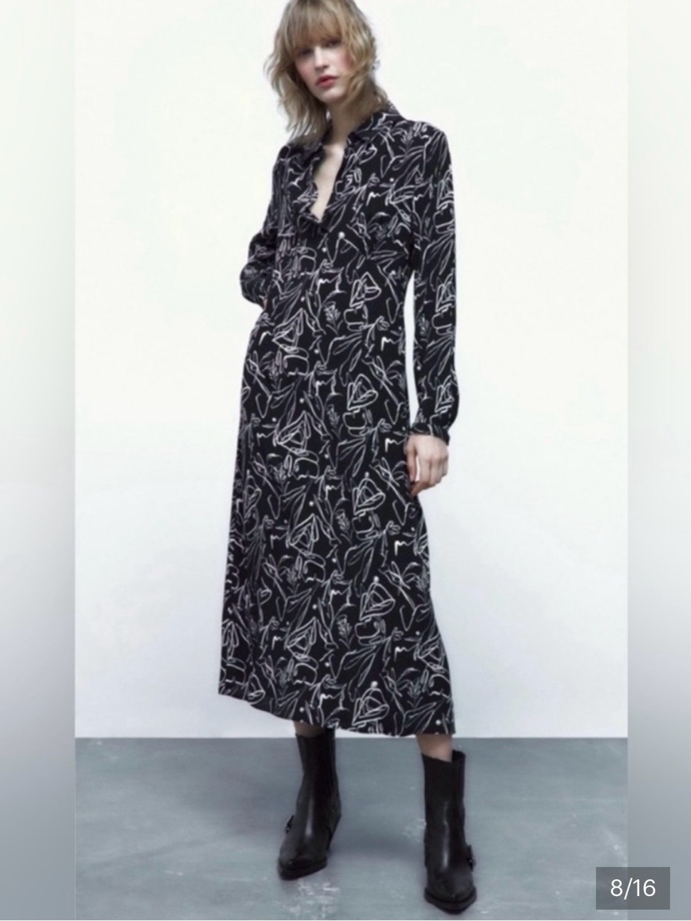 Zara Carlotta Black/White Elegant Abstract print Shirt Midi Dress